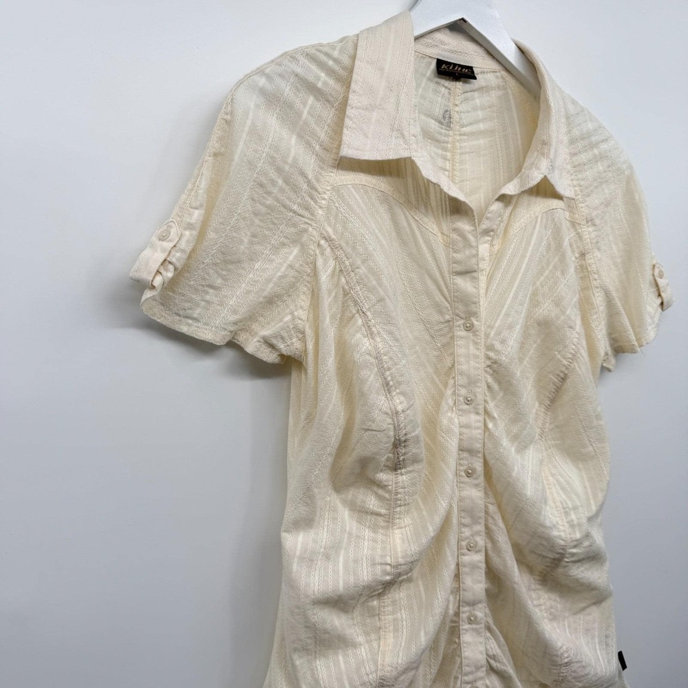 Vintage Kuhl Top Shirt Blouse Size Large Ruched Button Up Quiet Luxury Neutral - Picture 2 of 14